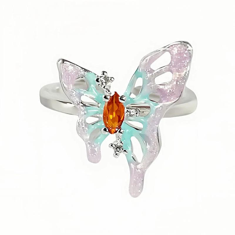 [Double Butterfly Yicai] Gradual Change Enamel Butterfly Opening Ring Women'S Light Luxury Niche Personality Advanced Sense Stacking Ring