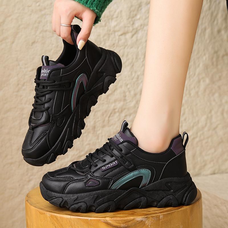 Damenschuhe Herbst und Winter neue Leder-Sneaker modische dicksohlige Samt-Dad-Schuhe trendige warme Freizeitschuhe können