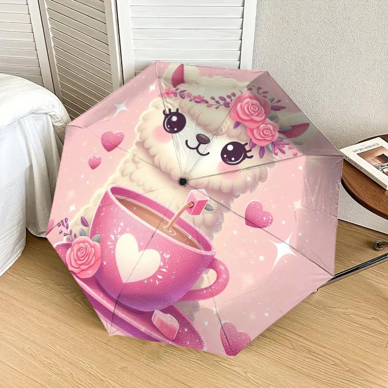 1pc Cute Llama with Floral Crown and Pink Hot Chocolate Umbrella with Plastic Handle,Suitable for All Seasons Home Travel Outdoor UmbrellaDD053