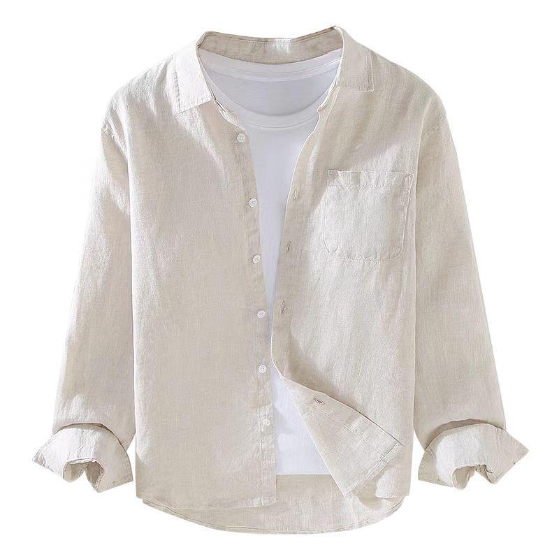 Camicia da Uomo a Maniche Lunghe in Lino Bianco – Traspirante, Casual, Stile Coreano per Primavera/Estate