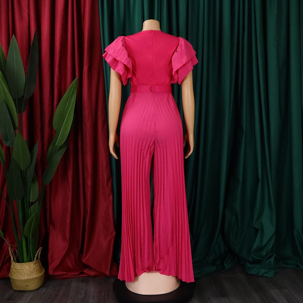 Luxury Pleated Jumpsuits Rompers Women Sexy V Neck Ruffles Sleeve Belt Waisted Floor Length Elegant Overalls