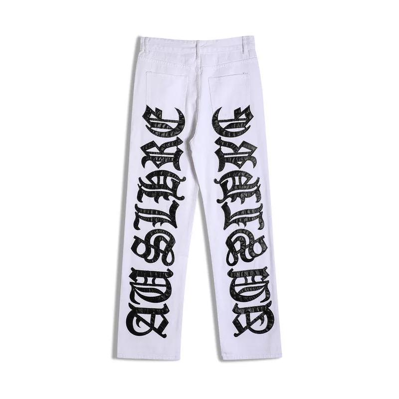 

Мужские джинсы с уличным принтом алфавита Мужские и женские свободные повседневные джинсы в стиле ретро в стиле ретро Мужские брюки M белый