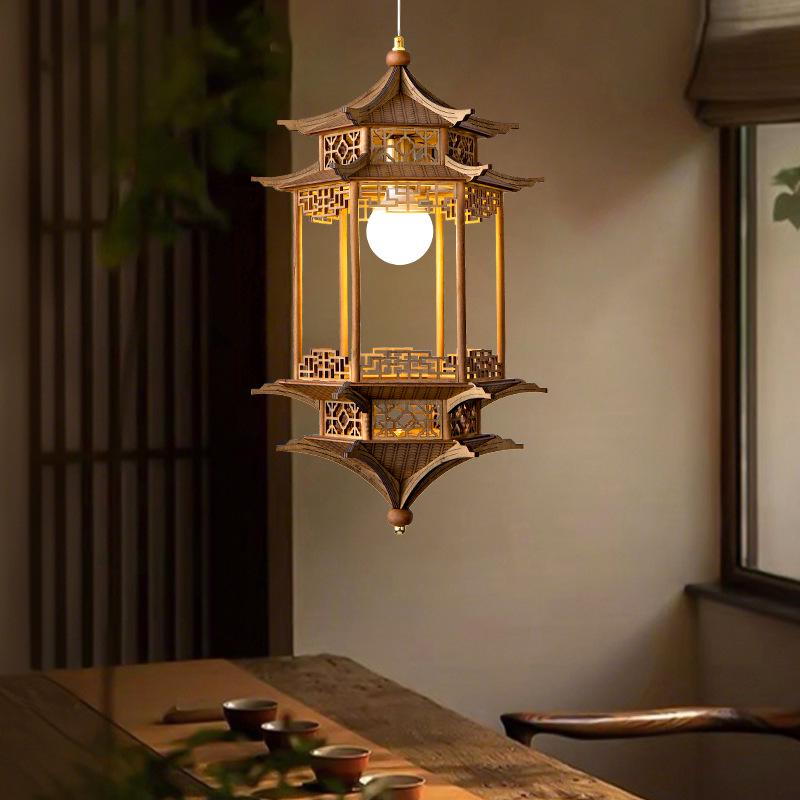 Song Dynasty Aesthetic Lamp: Hexagonal Pavilion Chandelier for Tea Room or Zen Restaurant