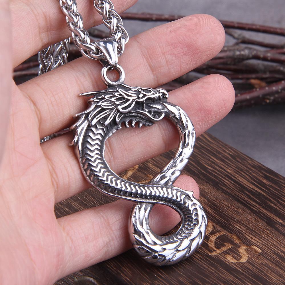 Never Fade Norse Ouroboros Dragon Snake Pendant Necklace with Wooden Gift Box