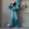 Dames Satin Crop Windjack en Wijde Pijpen Broek Set Casual Lange Mouwen Trainingspak Twee Delig Outfit