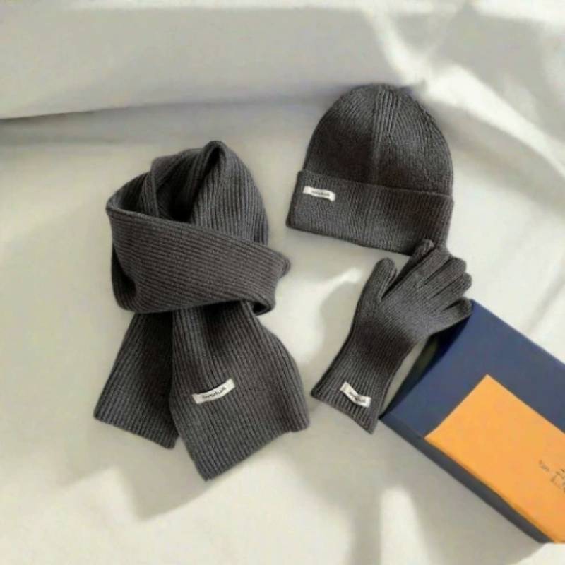 Baumwollstrick Wintermütze Schal Handschuhe Set Für Damen Mit Strukturmuster