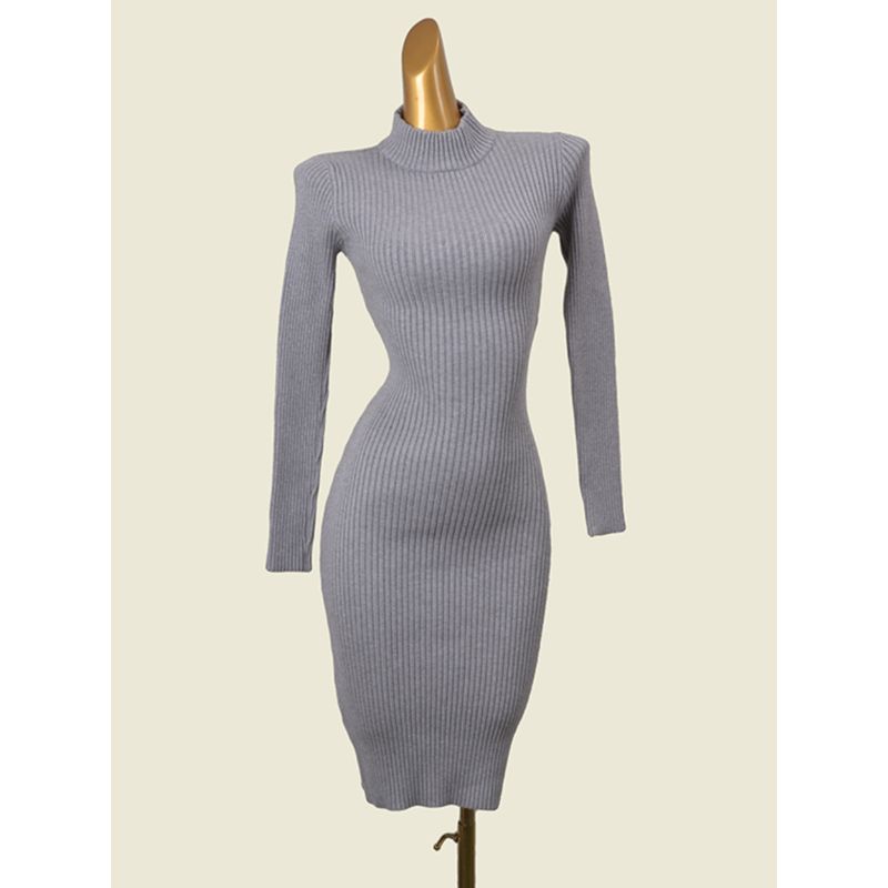Normcore Half Turtleneck Underwear Knitted Dress Fashion Wind Sunken Stripe High Elastic Silm Long Sleeves Fall and Winter Heattech Sheath Dress