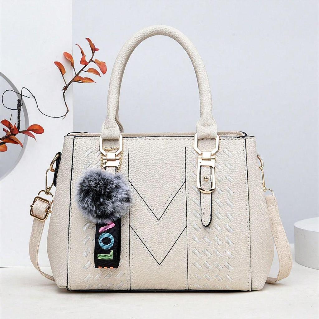 Women's Minimalist Pompom Pendant Shoulder Bag - Large Capacity Crossbody Handbag