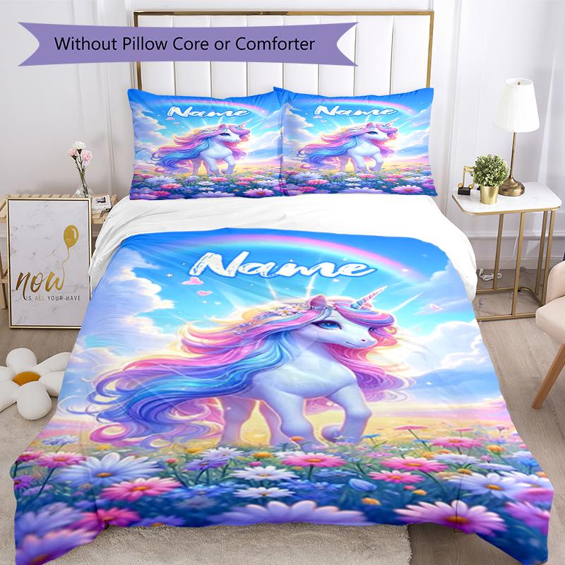 3pcs Custom Name Unicorn Bedding Set Duvet Cover Closure Includes 1 Duvet Cover & 2 Pillowcases, Soft and Comfortable for All Seasons.