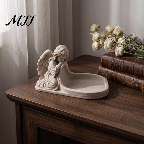 Imitation Stone Texture Tray Angel Figurine Key Tray, Faux Catchall Decorative Small Item Holder for Entryway Desktop Storage Dish Table Home