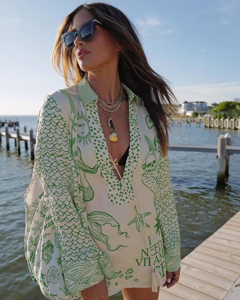 Kimono de Manga Larga con Cuello en V Holgado para Mujer, Cubre Traje de Playa con Estampado Tropical