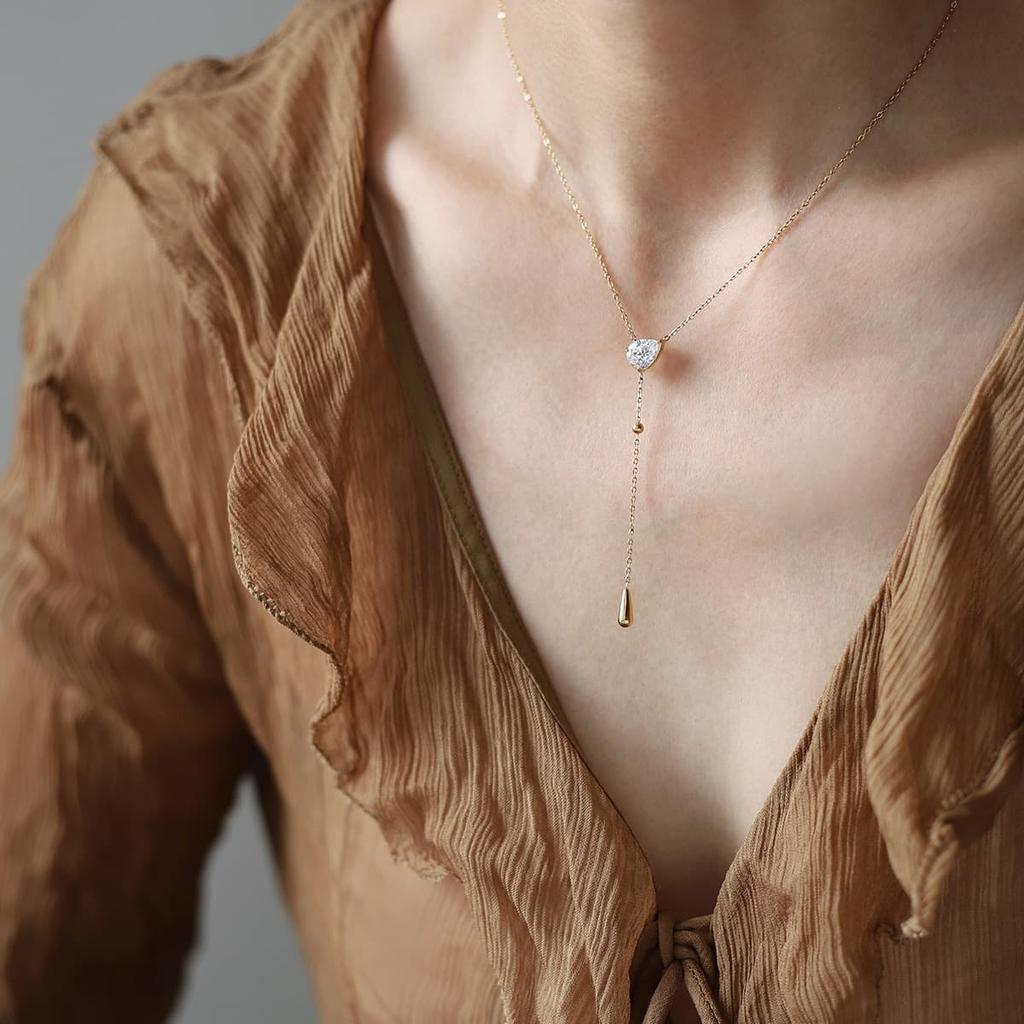Fashion Elegant Ladies Jewelry Water Proof Y Shaped 18K Gold Plated Stainless Steel Zircon Teardrop Pendant Necklaces for Women