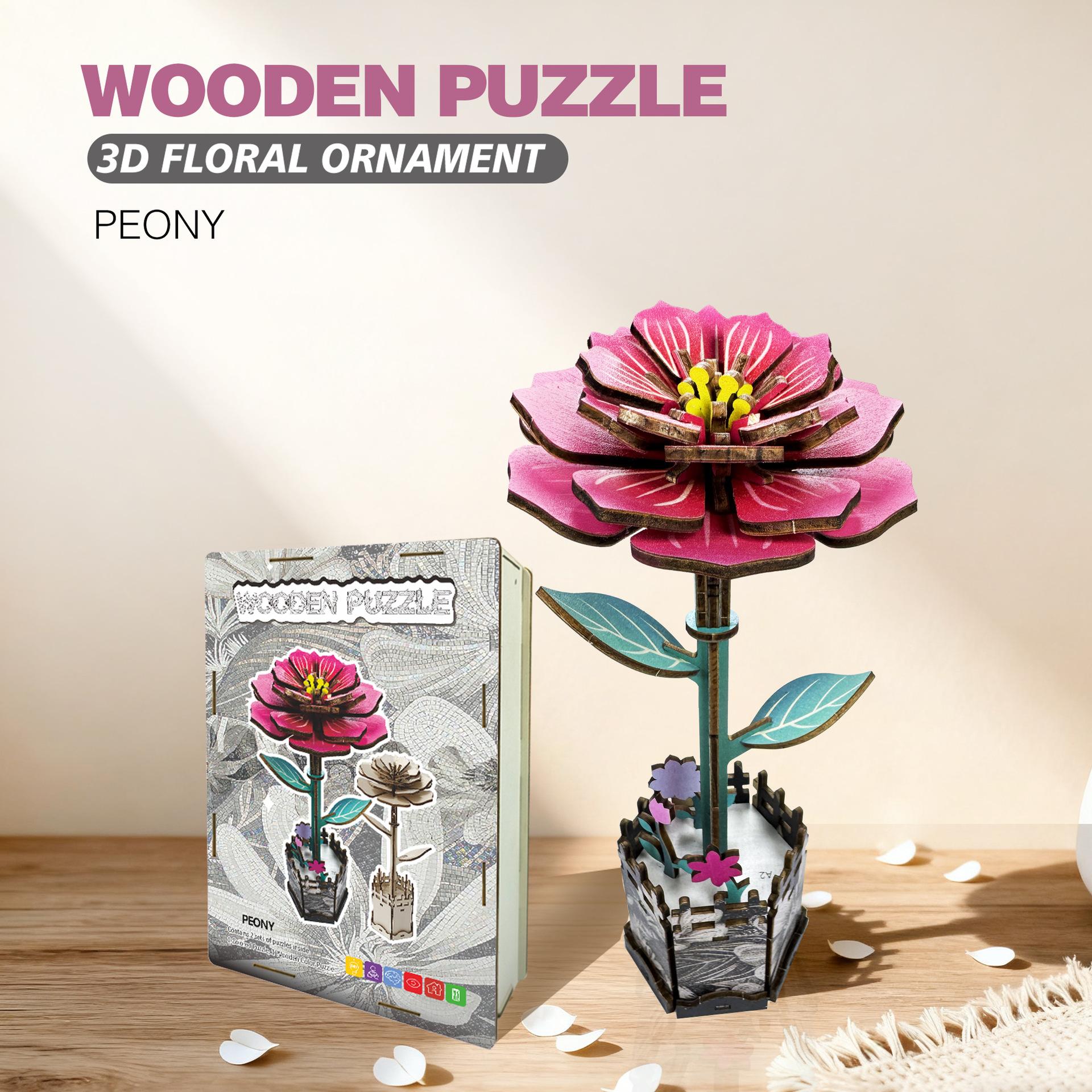 Wacocetoy Cross-Border Peony Flower Puzzle 3D Wooden Toy Two-In-One Set Diy Coloring And Decompression Puzzle