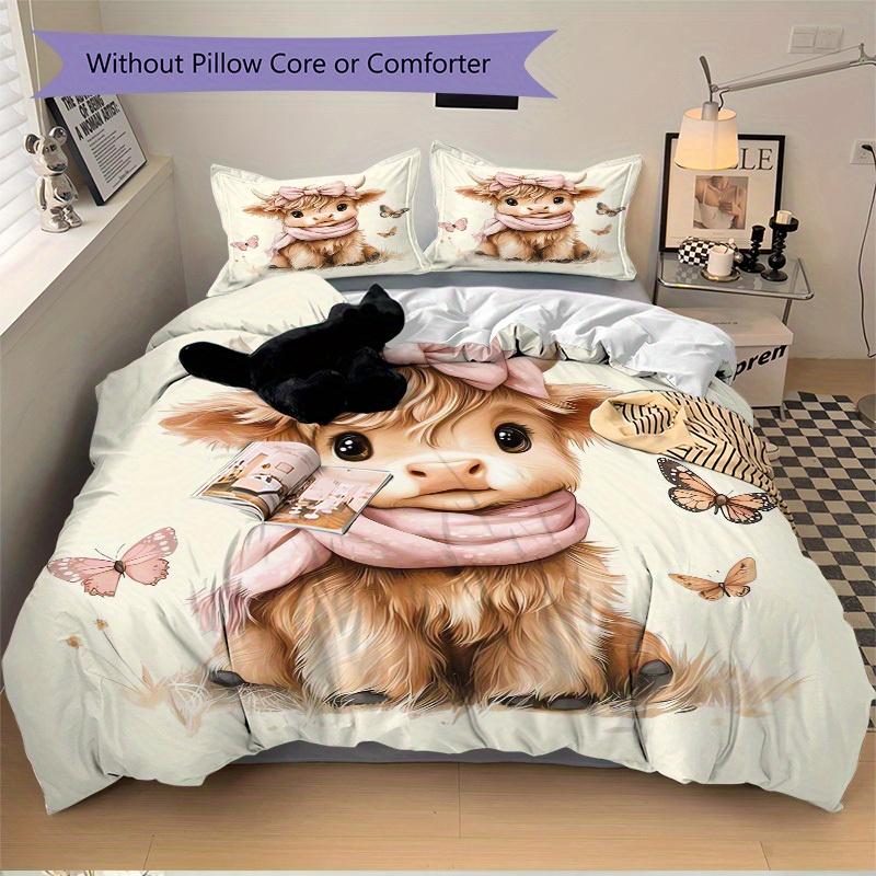 3pcs Cow Butterfly Bedding Set Down Comforter Cover and Pillowcases, Suitable for All Seasons(No Insert)-0729039
