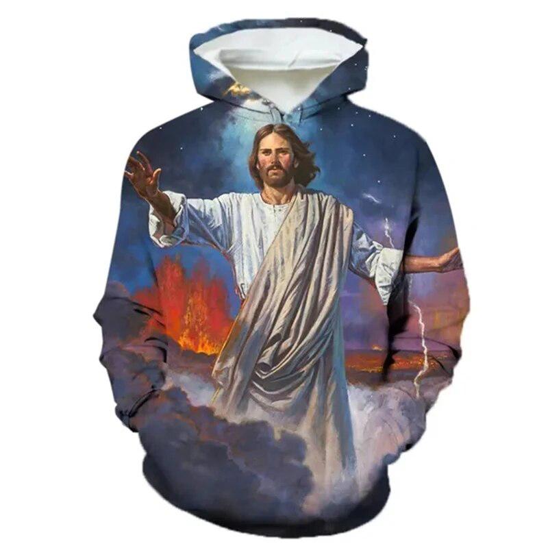 Sacred Heart Couple Hoodie, Men's Autumn Winter Fleece Sweatshirt, Classic Religious Pair Figure Print Pullover for Art Style Photo Shoots