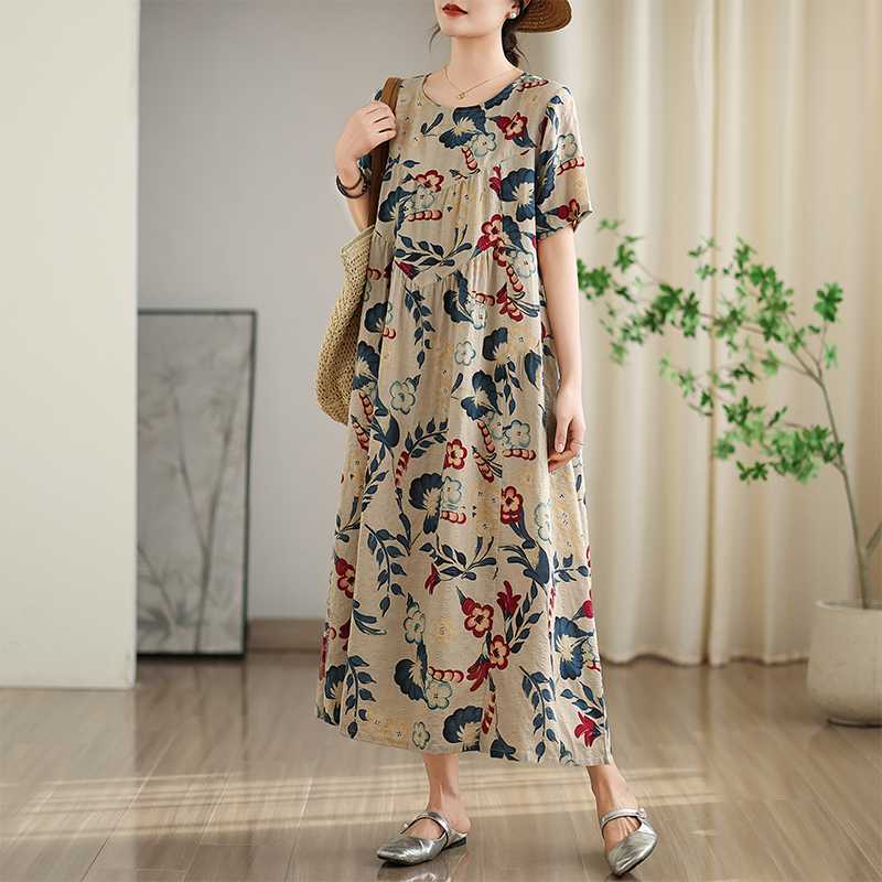 

Летнее хлопково-льняное платье с принтом, круглым вырезом и короткими рукавами для женщин average size