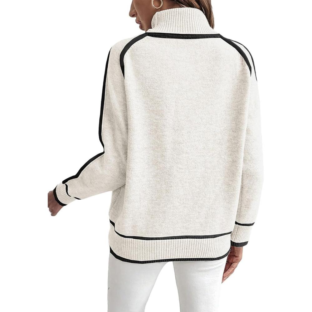 Cozy Fall and Winter Fashion Women's Elegant Knitted Thick Warm Hoodie Color Blocked Half High Collar Versatile Striped Sweater Jumper