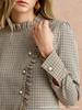 Houndstooth Ruffle Stand Collar Side-Opening Shirt for Commuting and Parties