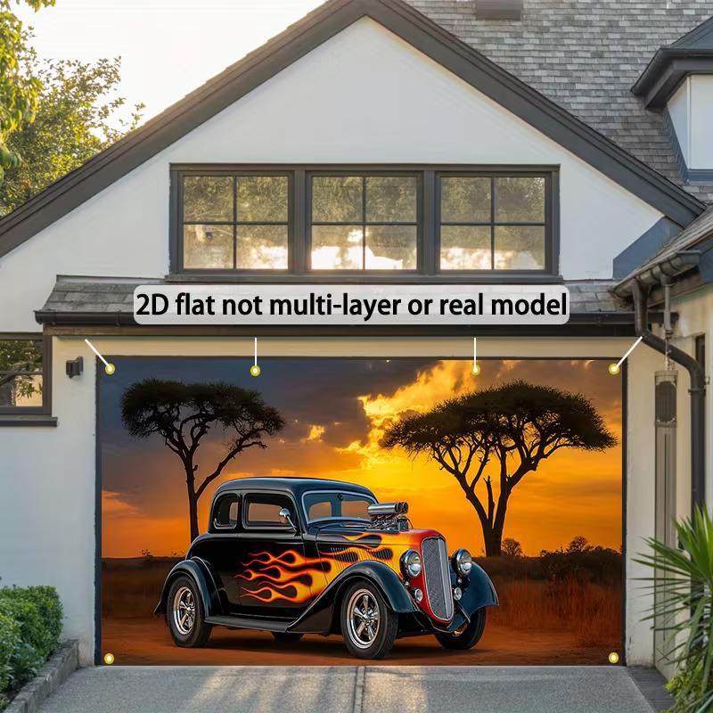 Sfondo 2D Garage Auto d'Epoca, Hot Rod Nero con Fiamme & Sfondo Fotografico Tramonto Africano