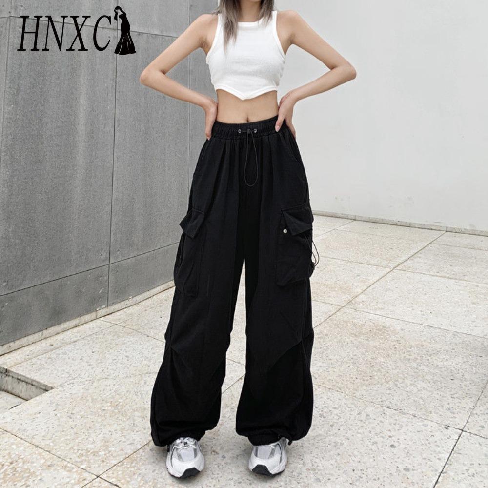 

HNXC Женские хип-хоп брюки карго, мешковатые, однотонные, с эластичной талией, свободные, дышащие женские брюки M чёрный