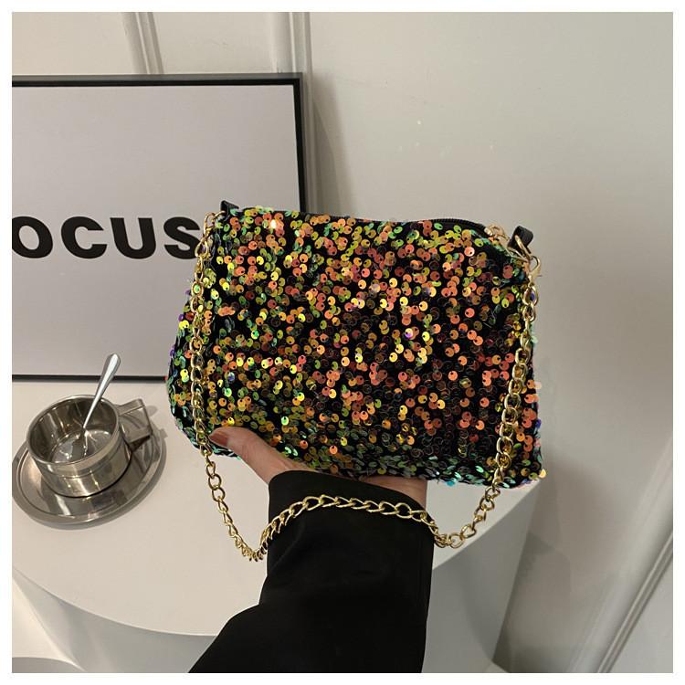 Black And White Sparkly Underarm Bag Women 2024 New Spring Nightclub Chain Small Square Bag Street Fashion