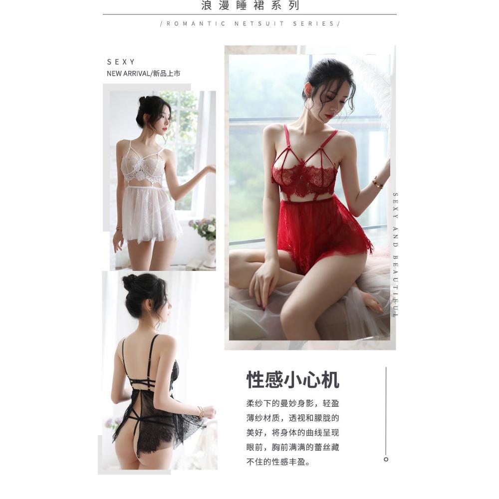 Xiucaisha Erotic Underwear Women's Lace Small Breasts Passion Pajamas Suspender Short Skirt Revealing Breast Perspective Sexy Princess Nightgown