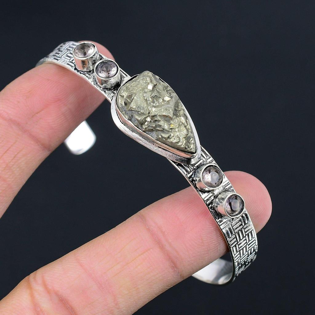 Gift For Her 925 Sterling Silver Natural Pyrite Druzy Gemstone Bangle Adjustable