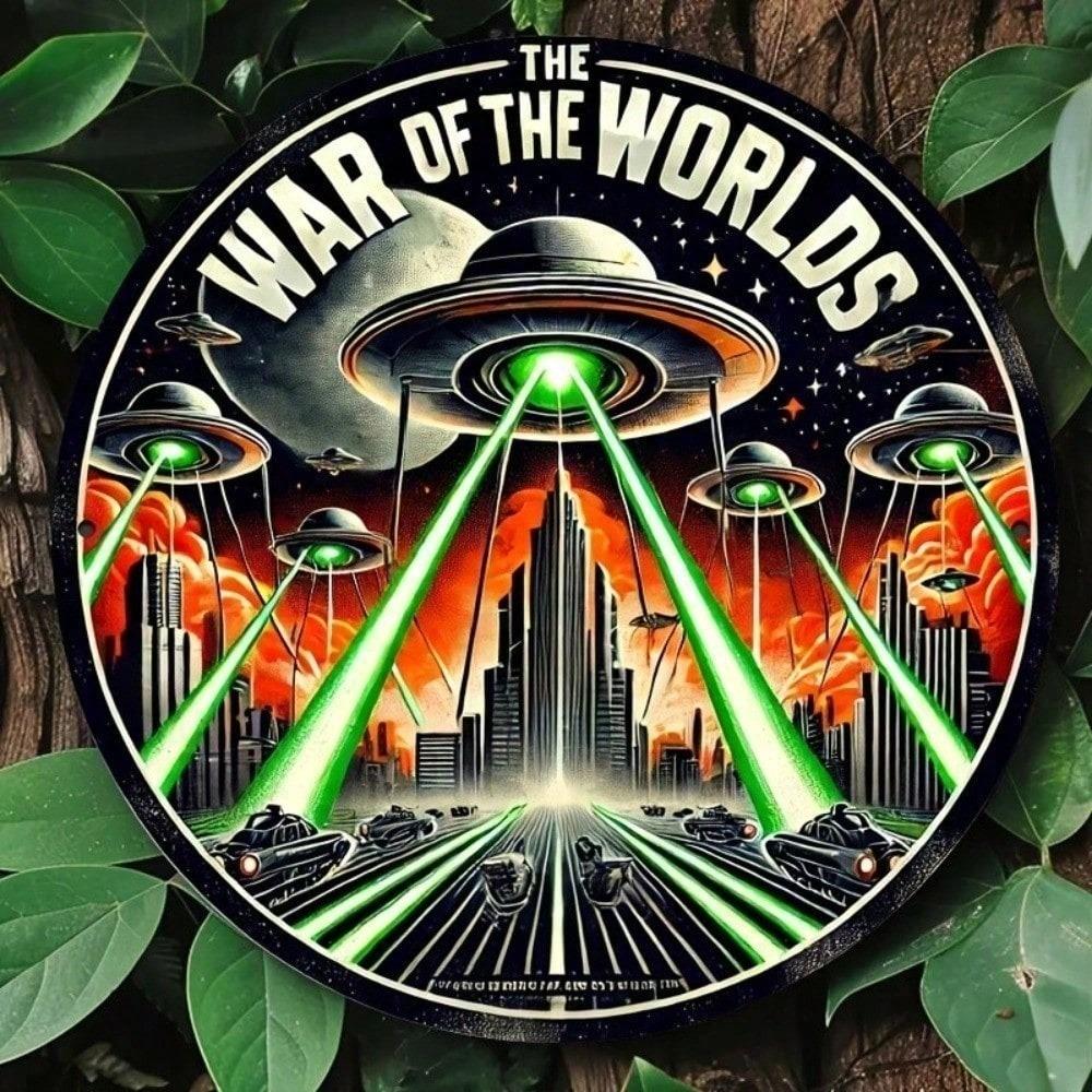 Retro Sci-Fi Tin Sign The War Of The Worlds 8x8 Inch Vintage Metal Wall Art Alien Invasion Decor Aluminum Plaque
