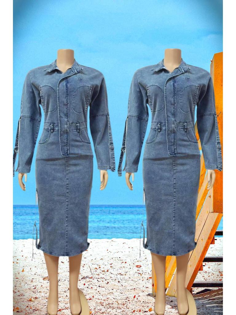 European and American Women's High Waist Unique Denim Maxi Dress
