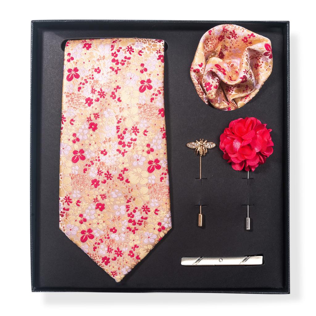Tie Men'S Trend Net Color Striped Cashew Nut Tie 6-Piece Gift Box Square Scarf Tie Clip Corsage Set