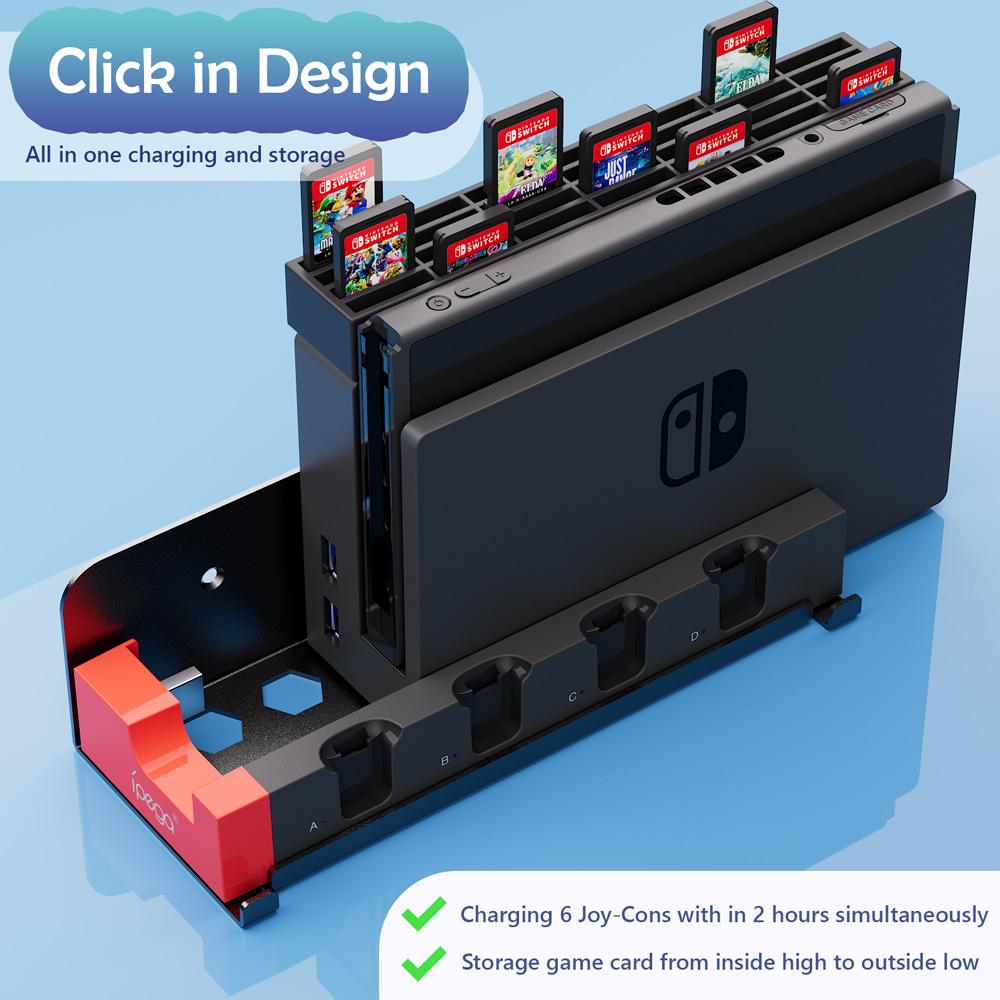 IPEGA PG-9186 Wall Mount Joycon Charging Dock Station for Switch&OLED with 28 Game Card Case, 6 Joy Con Controller Charger