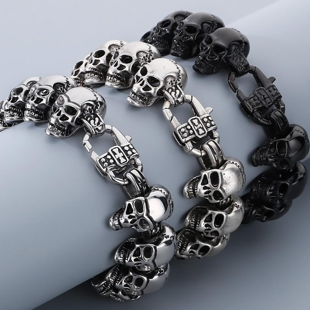 Cool Death's Head Bracelet for Men Vintage Black Old Silver Color Solid Stainless Steel Men's Bracelets Skull Chain Jewelry Male