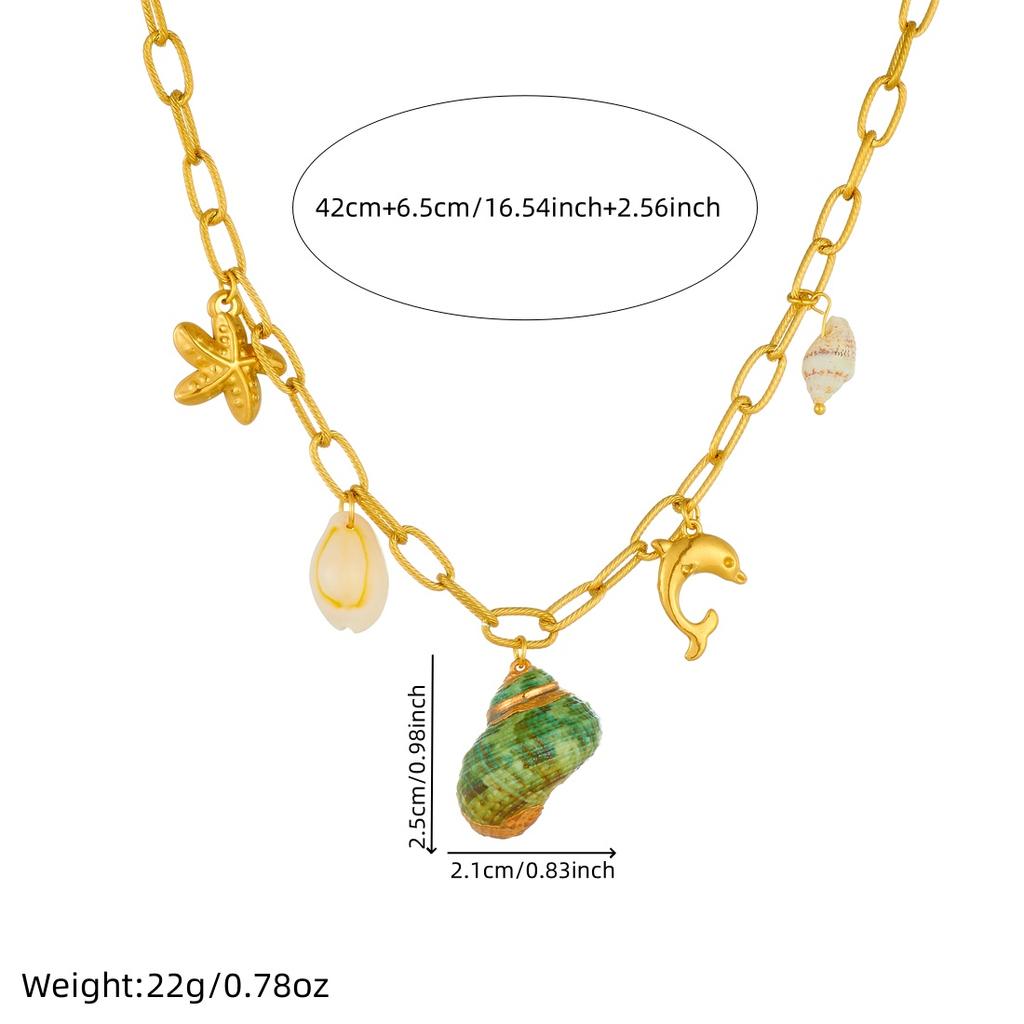 316L Stainless Steel Exquisite Green Conch Starfish Dolphin Shell Pendant Necklace Women Leisure Vacation Neck Chain