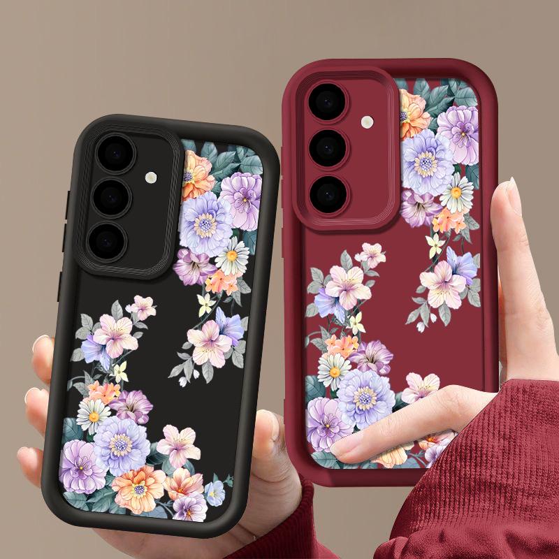 Colorful Floral Print Matte Soft Case For Samsung S25 Ultra S24 FE S23 S22 A16 A56 A36 A15 A55 A35 A54 A34 TPU Shockproof Lens Protection Phone Cover