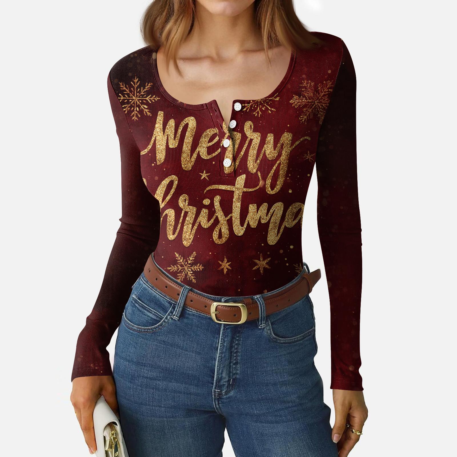 

Women s Casual Fashion Christmas Print Button Long Sleeve Top M