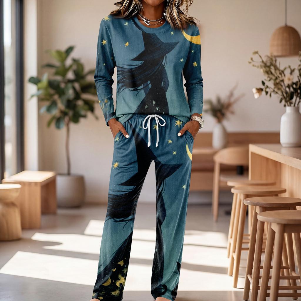Set Pigiama Casual da Donna con Manica Lunga, Girocollo e Coulisse sui Pantaloni a Gamba Larga per Dormire e