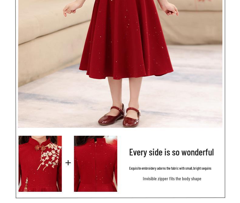 Fashionable Red New Year Princess Dress for Girls, Medium-Large, Autumn/Winter Lady-like Style