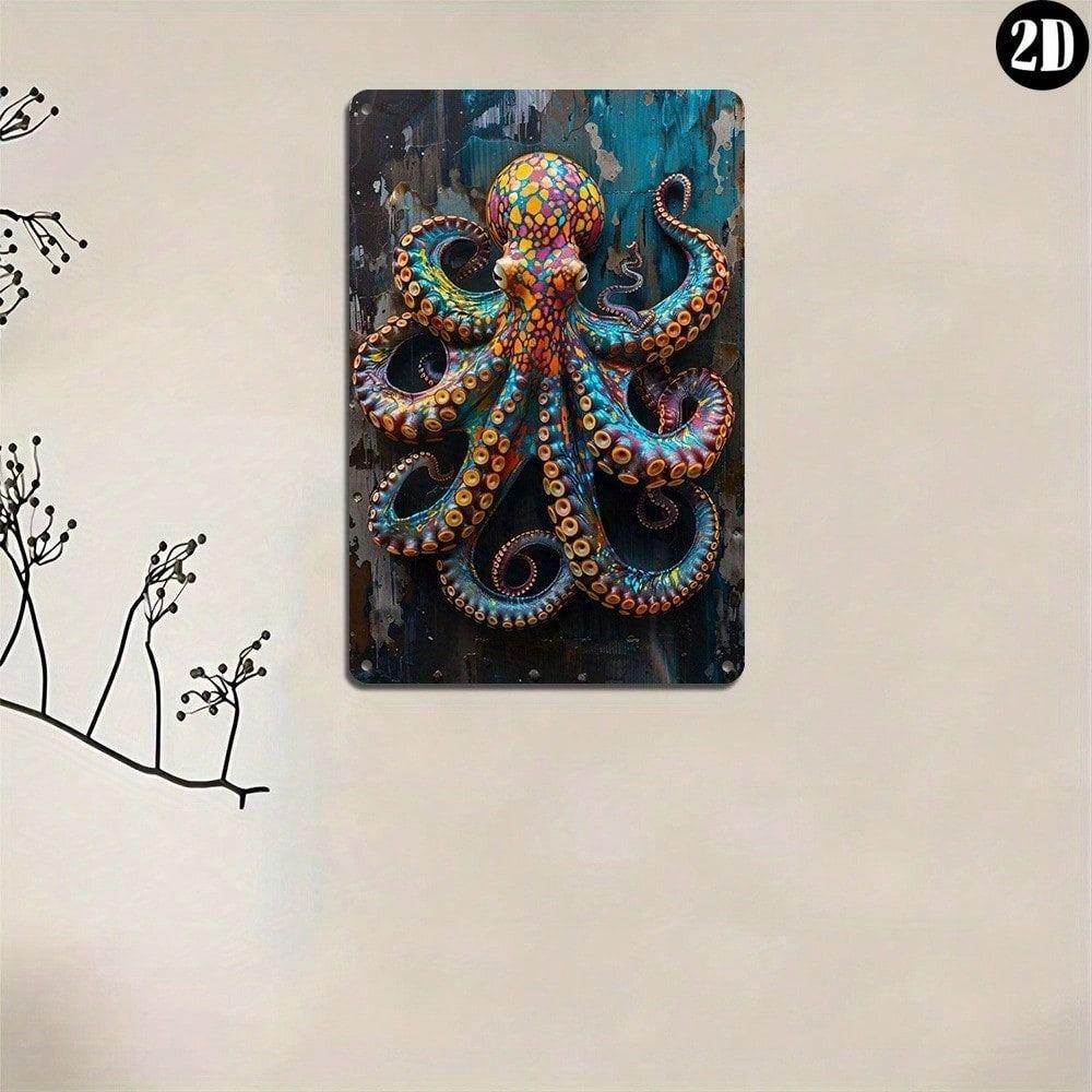 Affiche Métallique Pieuvre Art Mural, Plaque Étain Imperméable pour Décoration Extérieure de Jardin
