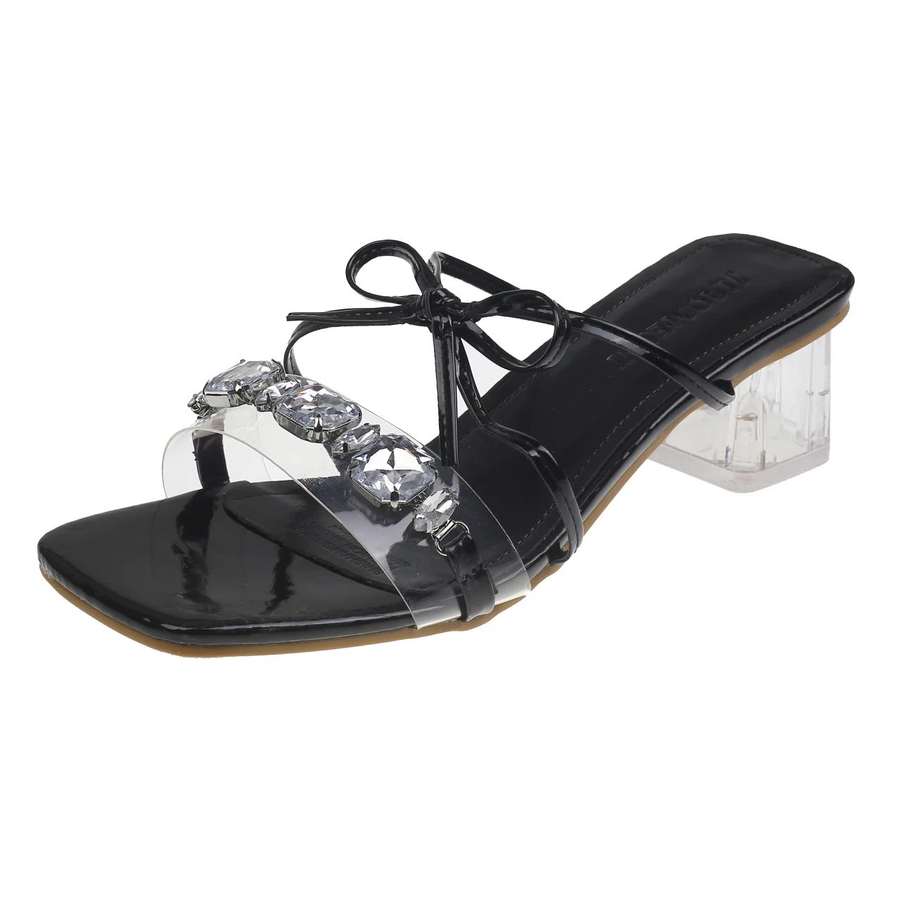 

Летние новые массивные босоножки женские модные квадратные босоножки со стразами прозрачные ленты узел бабочка нескользящие высокие каблуки 42