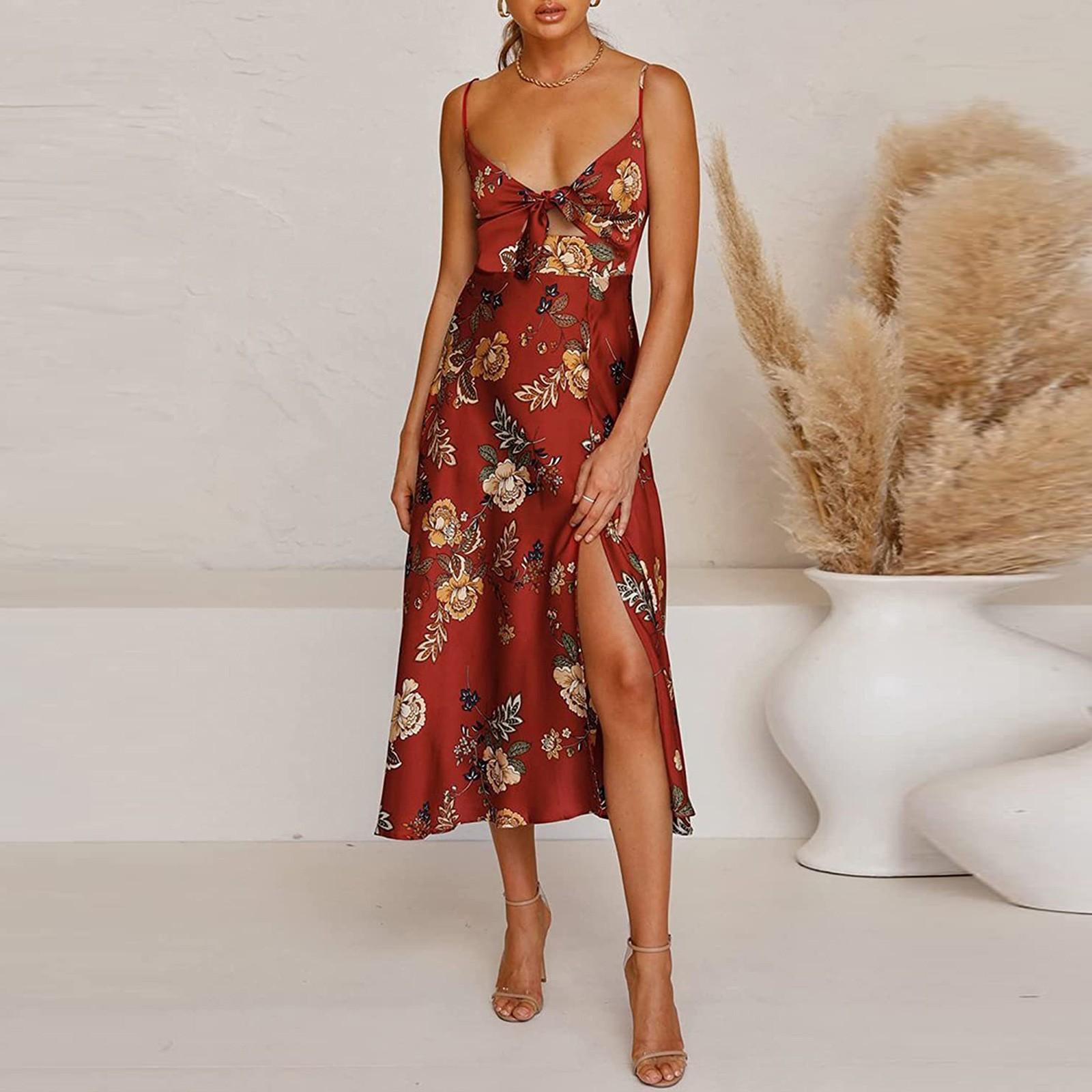 

Модное женское пляжное платье с v-образным вырезом и принтом без рукавов и открытой спиной, выпускное платье XL красный