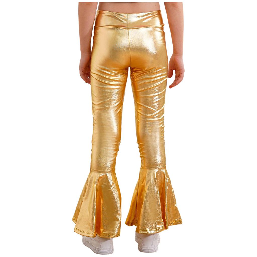 Girls Performance Pants Elastic Waistband Bronzing Cloth High Waist Design Ruffle Hem Bell Bottom