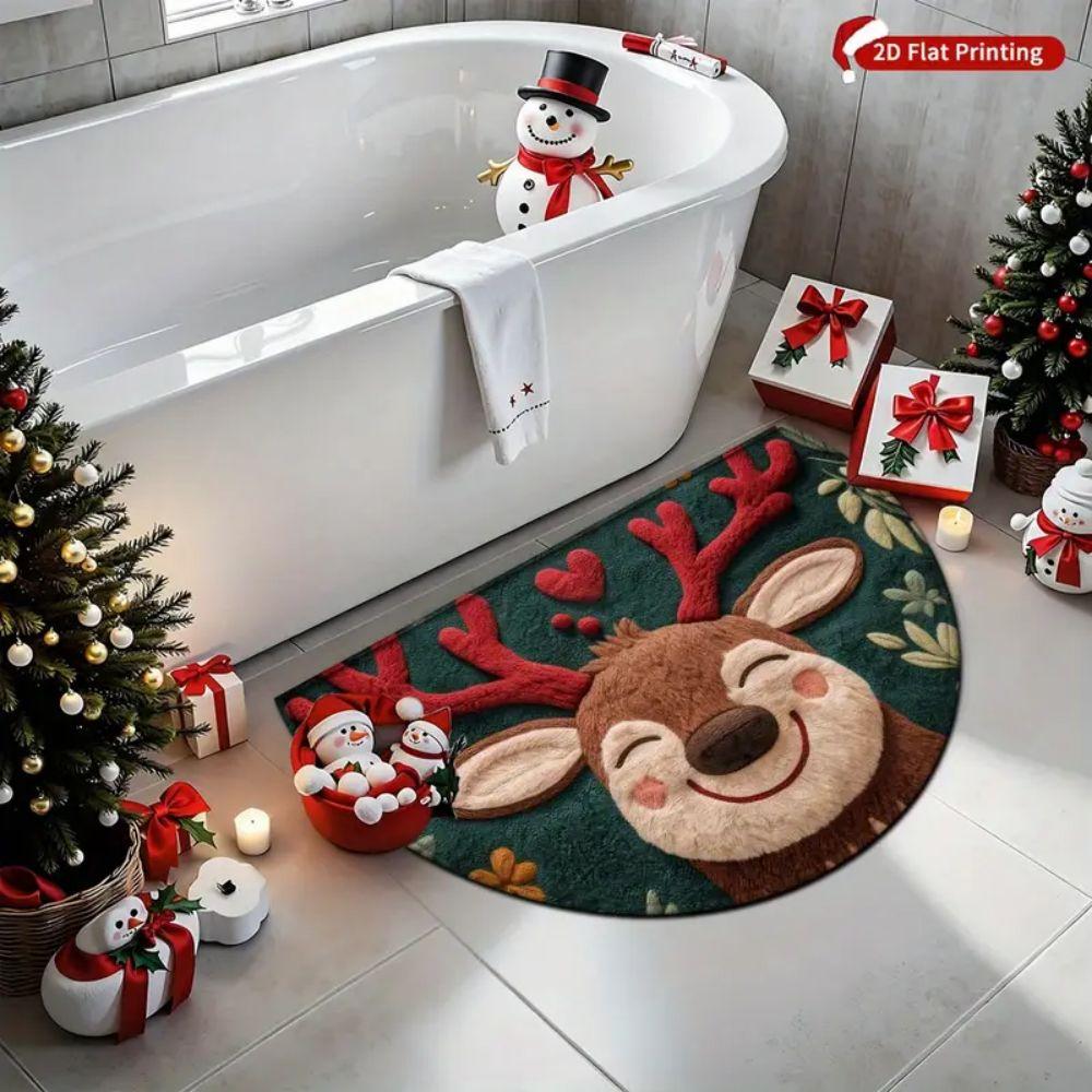 VIAMA Christmas Reindeer Semi-circular Floor Mat Anti-slip Entrance Rug Winter Bathroom Kitchen Floor Pad Home Decoration