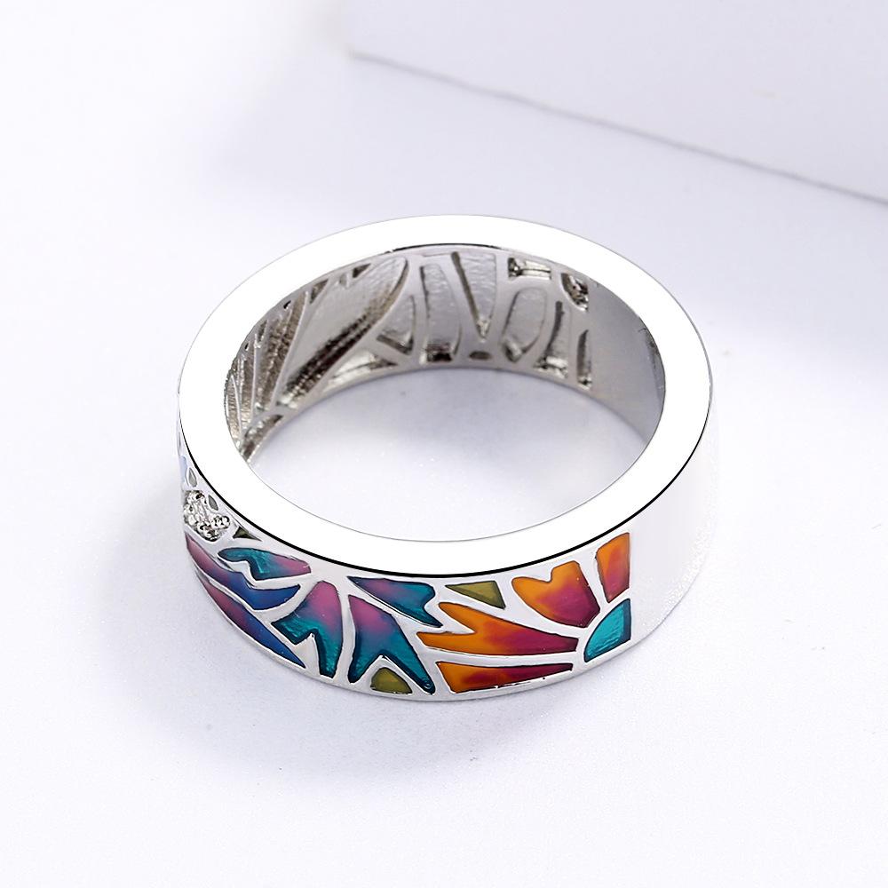 Gradient Color Drop Glue Enamel Plant Flowers European and American Pastoral Style Fashion Retro Womens Ring