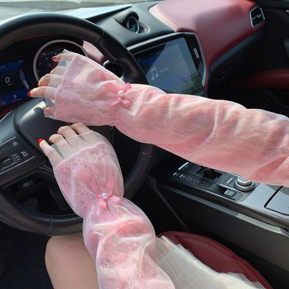 

Fingerless Lace Sleeve Breathable Summer Arm Cover Fashion Long Arm Sleeves Driving светло-розовый