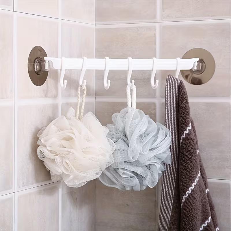 6 Hook Wall Mounted Towel Rack, No Drill Plastic Bathroom Organizer, Corner Shower Storage Holder for Towels, Bath Accessories and Kitchen Supplies