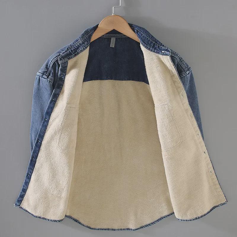 Japanese Retro Plus Velvet Denim Men's Shirt: Thickened, Washed, All-Match Outdoor Wear