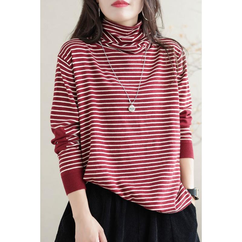 New Autumn and Winter Half-height Striped Bottoming Sweater Women's Long-sleeved T-shirt Cotton Knitted Inner Top