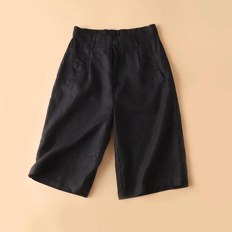 Women Suit Shorts High Waist Elastic Waistband Women Shorts Button Fly Pockets Knee Length Straight Wide Leg Short Pants