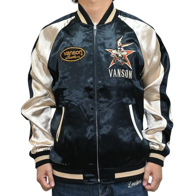 Looney Tunes Sukajan Souvenir Jacket Wile Coyote Tweety [Banson] LTV-2504 E. Men's (JP, Alphabet, 2XL, Black)