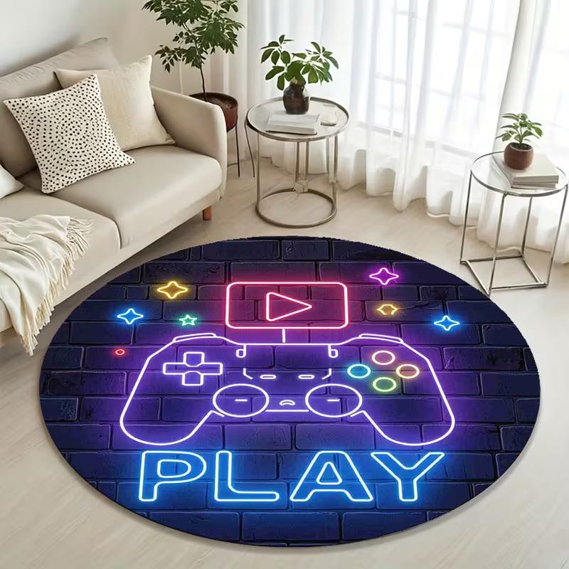 Neoninis žaidimų pultas Apvalus kilimėlis Minkštas neslystantis "PLAY" Neono raštas Grindų kilimėlis Spalvingas žaidimų kilimas berniukams paaugliams miegamojo žaidimų kambariui